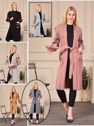 Kolları Simli Baklava Desenli Triko Ceket -Açık Gri