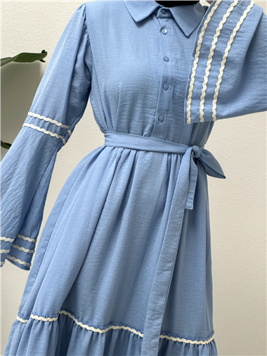 Kolları ve eteği süzene işlemeli Parçalı Elbise    -Bebe Mavi