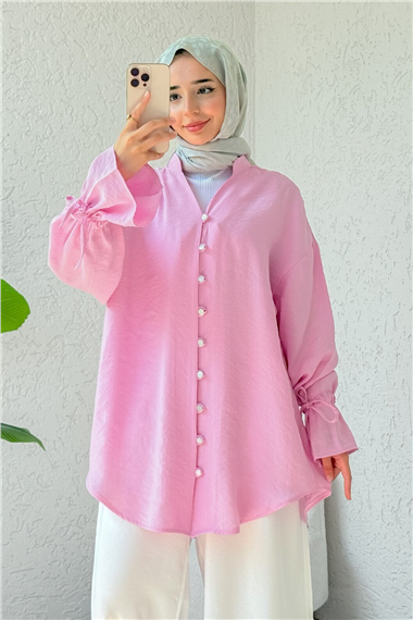 Kolu Bağcıklı Arkası Uzun Düğmeli Gömlek  -Pembe
