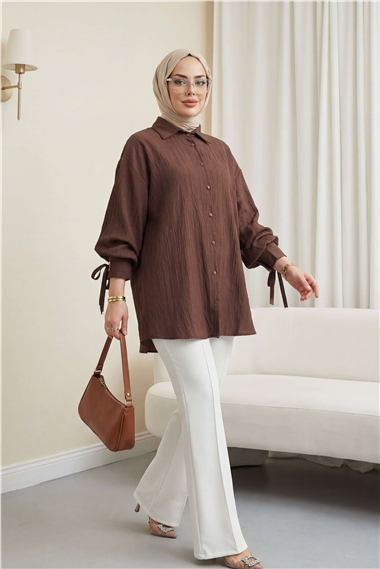 Kolu Bağcıklı Çizgi Desen Çilek Gömlek -Kahve