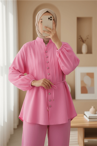 Kolu Bağcıklı Düğmeli V Yaka Tunik Pantolon Takım -Pembe