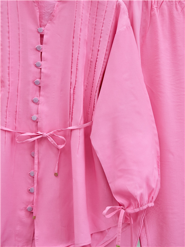 Kolu Bağcıklı Düğmeli V Yaka Tunik Pantolon Takım -Pembe