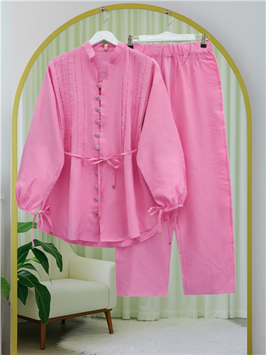 Kolu Bağcıklı Düğmeli V Yaka Tunik Pantolon Takım -Pembe