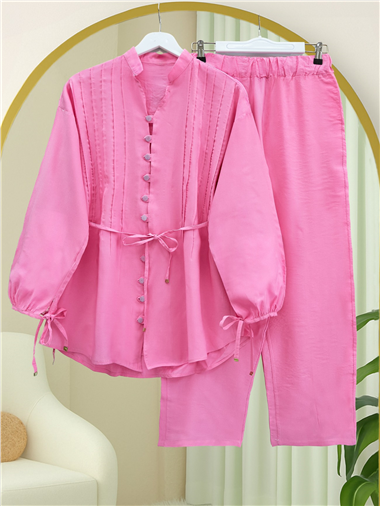 Kolu Bağcıklı Düğmeli V Yaka Tunik Pantolon Takım -Pembe