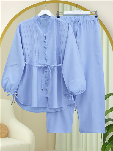 Kolu Bağcıklı Düğmeli V Yaka Tunik Pantolon Takım -Bebe Mavi
