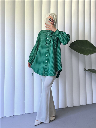 Kolu Bağcıklı Önü Fırfırlı Çizgili Gömlek Tunik -Zümrüt
