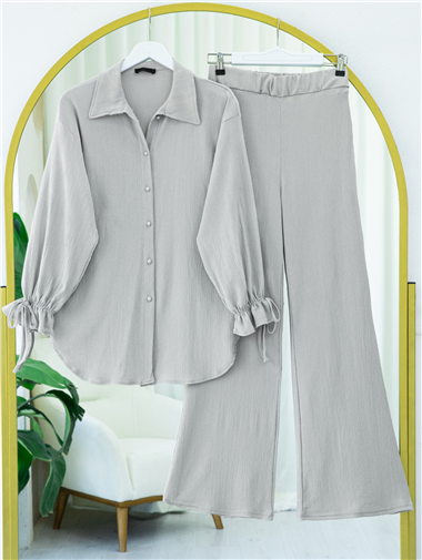 Kolu Bağcıklı Top Düğmeli Pantolonlu Krinkıl Takım -Gri