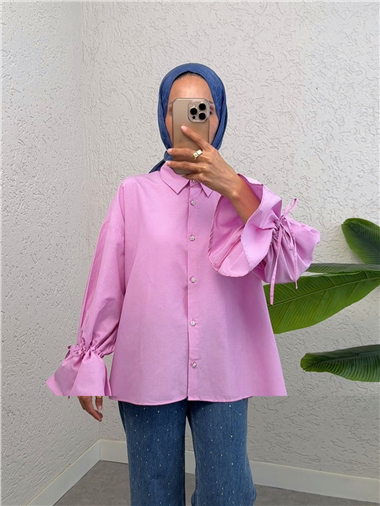 Kolu Büzgülü Arkası Piliseli Gömlek -Pembe