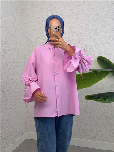 Kolu Büzgülü Arkası Piliseli Gömlek -Pembe