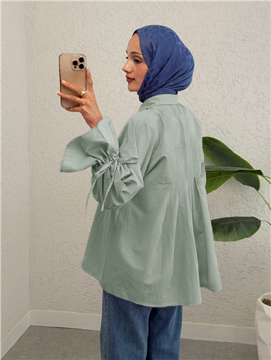 Kolu Büzgülü Arkası Piliseli Gömlek  -Su Yeşili