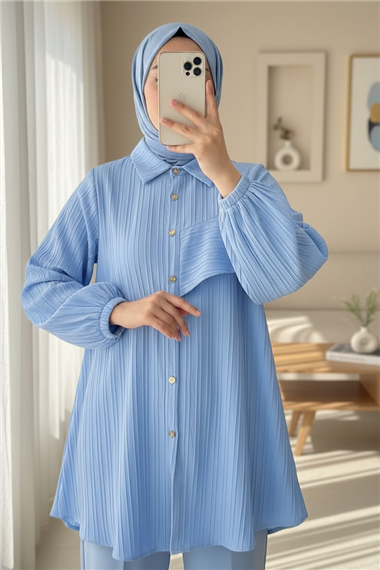 Kolu Fırfır Detaylı  Lastikli Tunik -Bebe Mavi