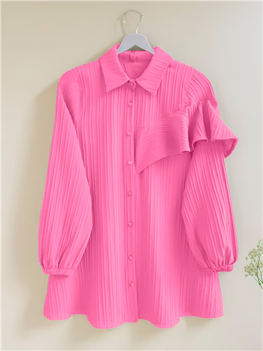 Kolu Fırfır Detaylı  Lastikli Tunik -Pembe