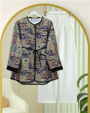 Kolu Katlamalı Beli Bağcıklı Etnik Desen Ceket -Krem