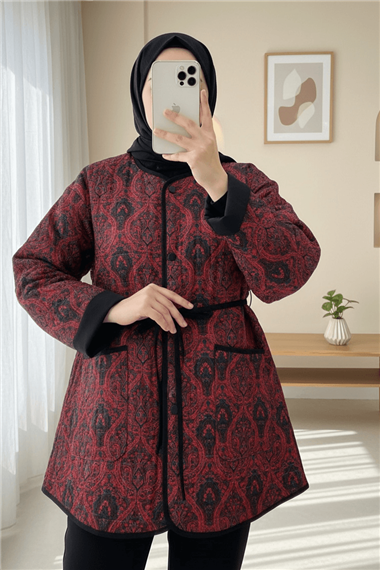 Kolu Katlamalı Beli Bağcıklı Etnik Desen Ceket -Bordo