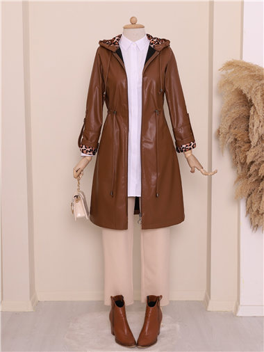 قبعة جلدية بغطاء رأس وأكمام مطوية وخصر دانتيل - أسمر ضارب للصفرة