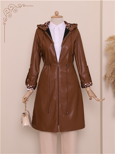 قبعة جلدية بغطاء رأس وأكمام مطوية وخصر دانتيل - أسمر ضارب للصفرة