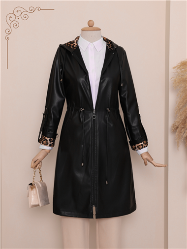 قبعة جلدية بغطاء رأس وأكمام مطوية وخصر دانتيل - أسود