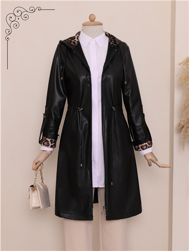 قبعة جلدية بغطاء رأس وأكمام مطوية وخصر دانتيل - أسود