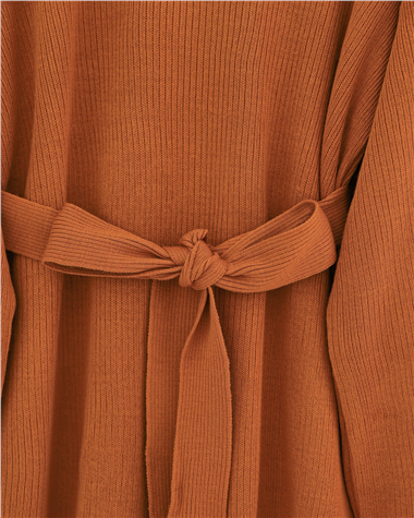 Kolu Katlamalı Beli Kemerli Yırtmaçlı Triko Takım  -Kiremit