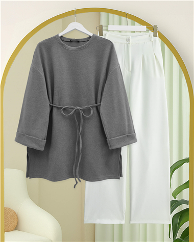Kolu Katlı Beli Bağlamalı Yırtmaçlı Kaşkorse Tunik -Gri