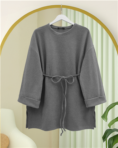 Kolu Katlı Beli Bağlamalı Yırtmaçlı Kaşkorse Tunik -Gri