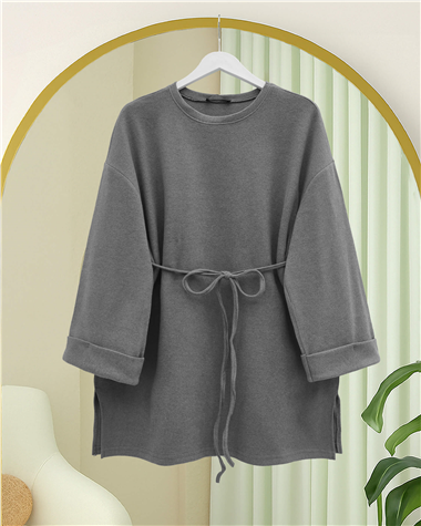 Kolu Katlı Beli Bağlamalı Yırtmaçlı Kaşkorse Tunik -Gri