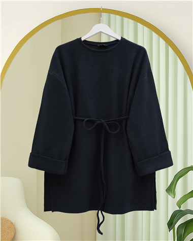 Kolu Katlı Beli Bağlamalı Yırtmaçlı Kaşkorse Tunik -Laci