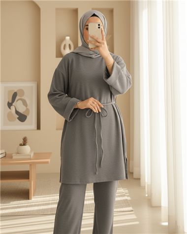 Kolu Katlı Beli Bağlamalı Yırtmaçlı Kaşkorse Tunik -Gri