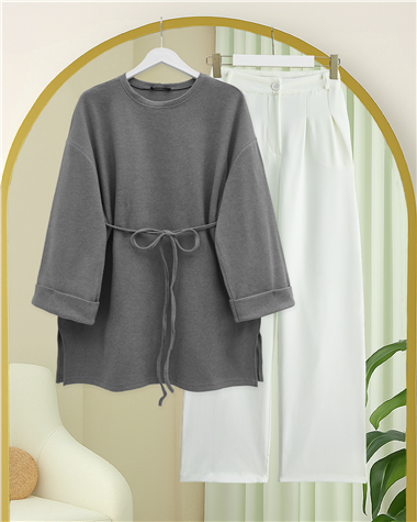 Kolu Katlı Beli Bağlamalı Yırtmaçlı Kaşkorse Tunik -Gri