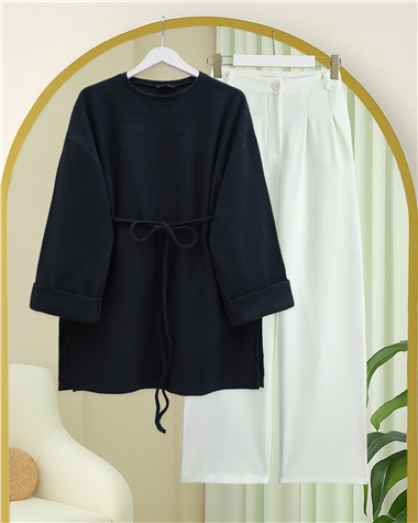 Kolu Katlı Beli Bağlamalı Yırtmaçlı Kaşkorse Tunik -Laci