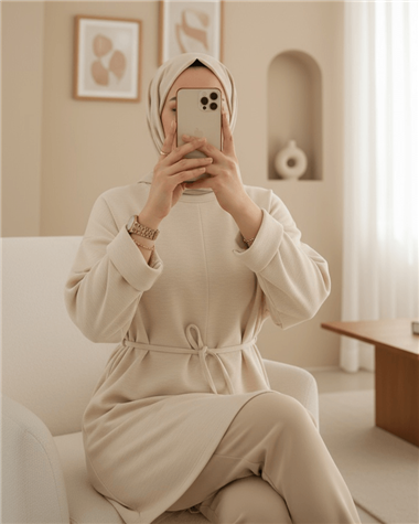 Kolu Katlı Beli Bağlamalı Yırtmaçlı Penye Tunik -Bej