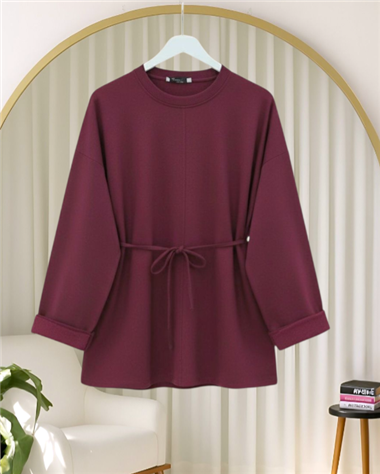 Kolu Katlı Beli Bağlamalı Yırtmaçlı Penye Tunik -Bordo