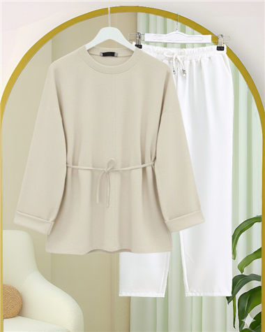 Kolu Katlı Beli Bağlamalı Yırtmaçlı Penye Tunik -Bej