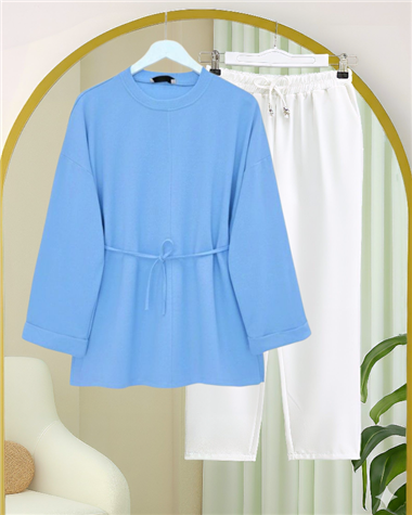 Kolu Katlı Beli Bağlamalı Yırtmaçlı Penye Tunik -Mavi