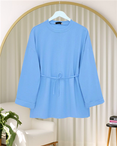 Kolu Katlı Beli Bağlamalı Yırtmaçlı Penye Tunik -Mavi