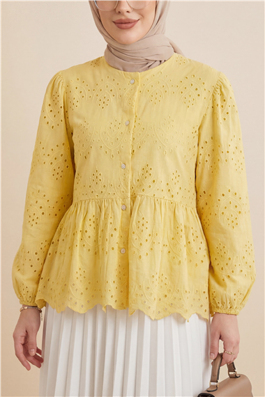 Kolu Lastikli Ajurlu Düğmeli Astarlı Gömlek  -Sarı