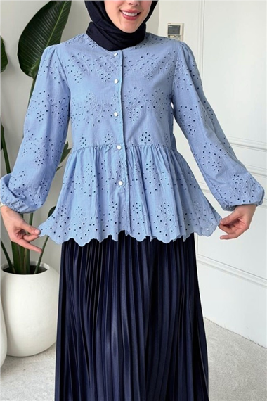 Kolu Lastikli Ajurlu Düğmeli Astarlı Gömlek  -Mavi