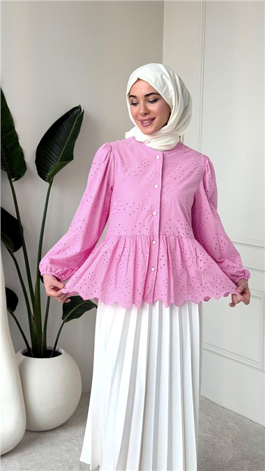 Kolu Lastikli Ajurlu Düğmeli Astarlı Gömlek  -Pembe