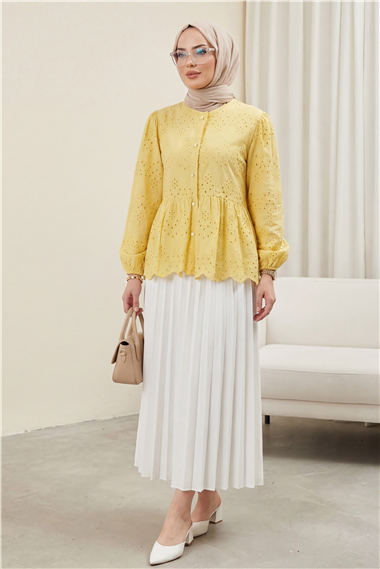 Kolu Lastikli Ajurlu Düğmeli Astarlı Gömlek  -Sarı