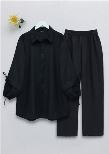 Kolu Lastikli Bağcık Detaylı İkili Takım -Siyah