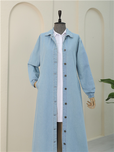 Kolu Lastikli Boydan Düğmeli Kot Kap -Açık Mavi