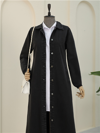 Kolu Lastikli Boydan Düğmeli Kot Kap   -Siyah