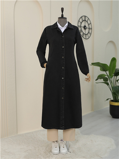 Kolu Lastikli Boydan Düğmeli Kot Kap   -Siyah