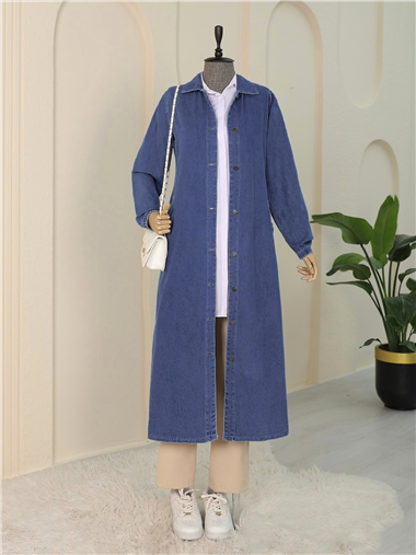 Kolu Lastikli Boydan Düğmeli Kot Kap    -Saks