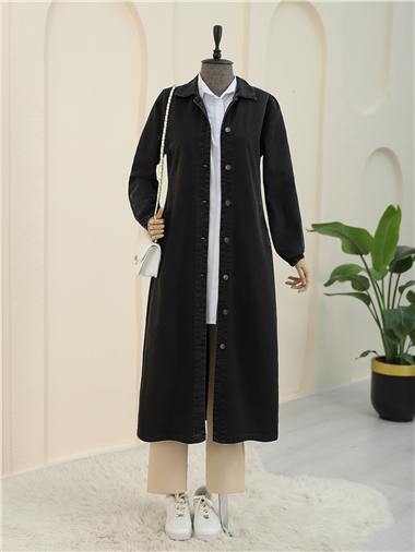 Kolu Lastikli Boydan Düğmeli Kot Kap   -Siyah