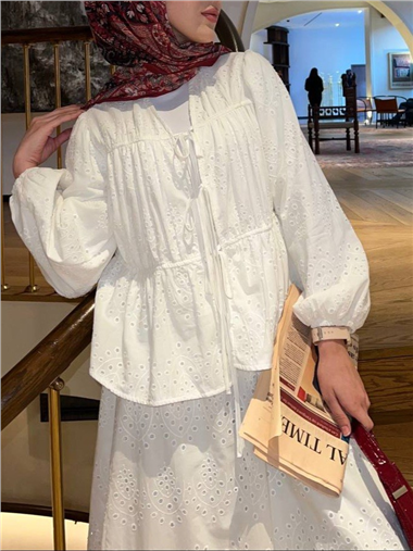 Kolu Lastikli Önü Bağlamalı Astarlı Kimono Takım  -Beyaz