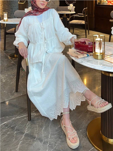 Kolu Lastikli Önü Bağlamalı Astarlı Kimono Takım  -Beyaz