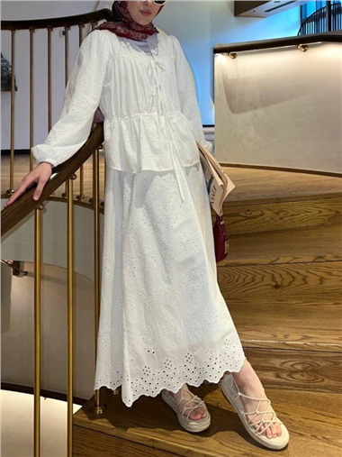 Kolu Lastikli Önü Bağlamalı Astarlı Kimono Takım  -Beyaz