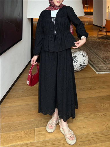 Kolu Lastikli Önü Bağlamalı Astarlı Kimono Takım  -Siyah