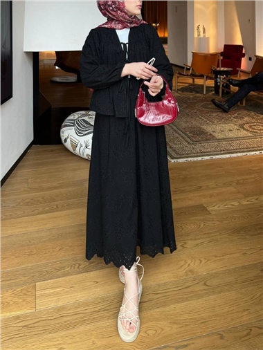 Kolu Lastikli Önü Bağlamalı Astarlı Kimono Takım  -Siyah